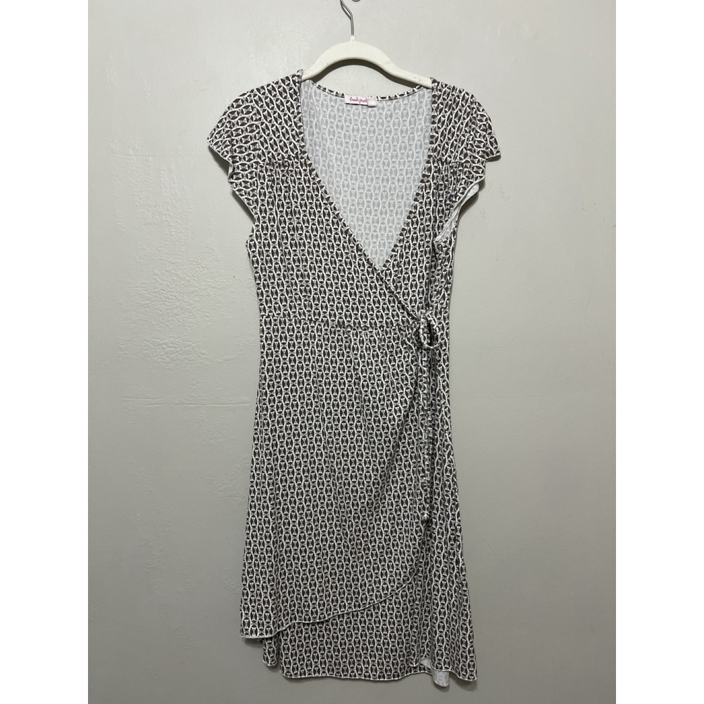 Fresh Produce‎ M Dress White Brown V Neck Faux Wrap Abstract Print Owl